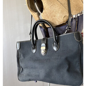 Vtg Dooney & Bourke Tote Bag Black Signature Canvas Leather Trim
